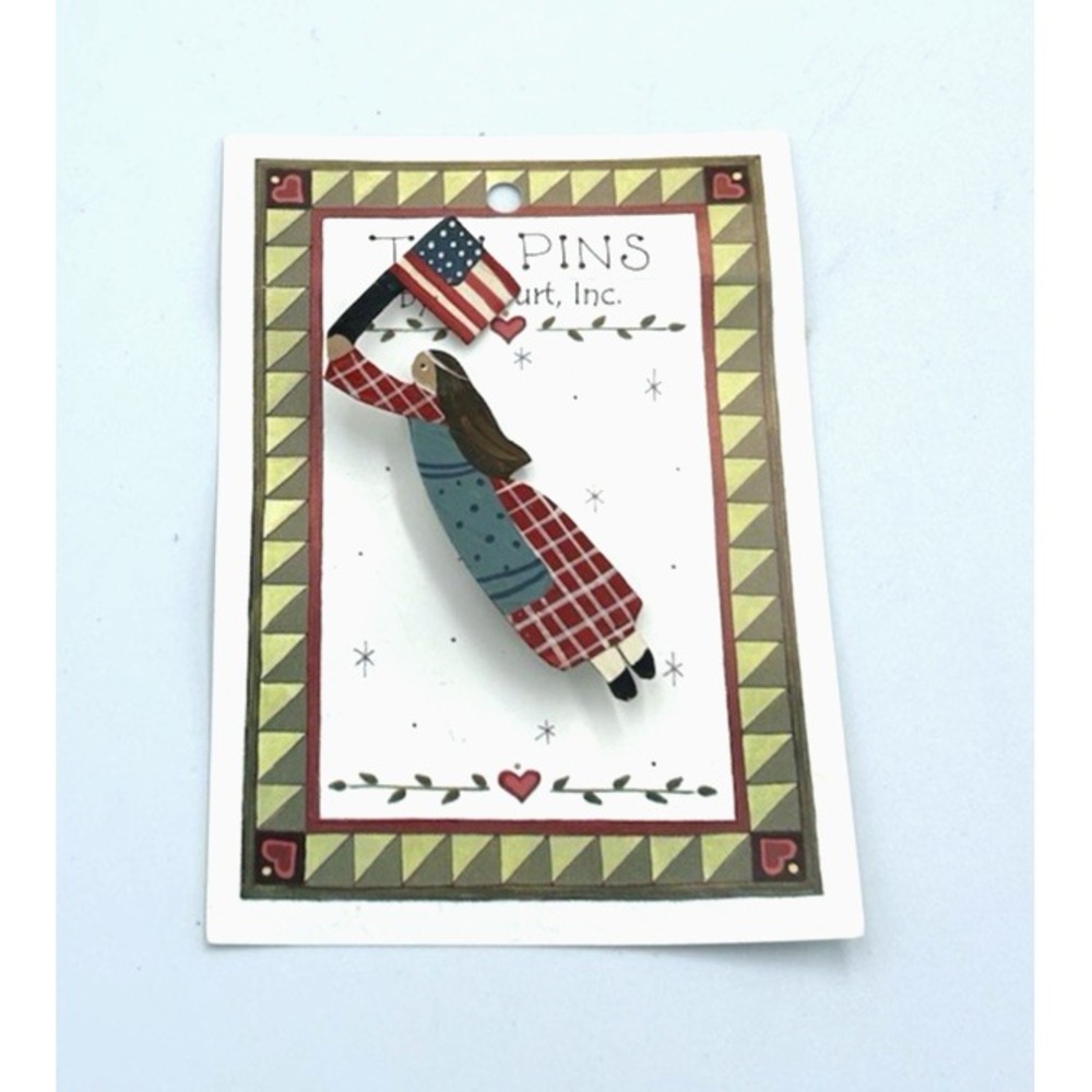 Tin Pins by Jan Burt Patriotic Woman Holding American Flag Folk Art